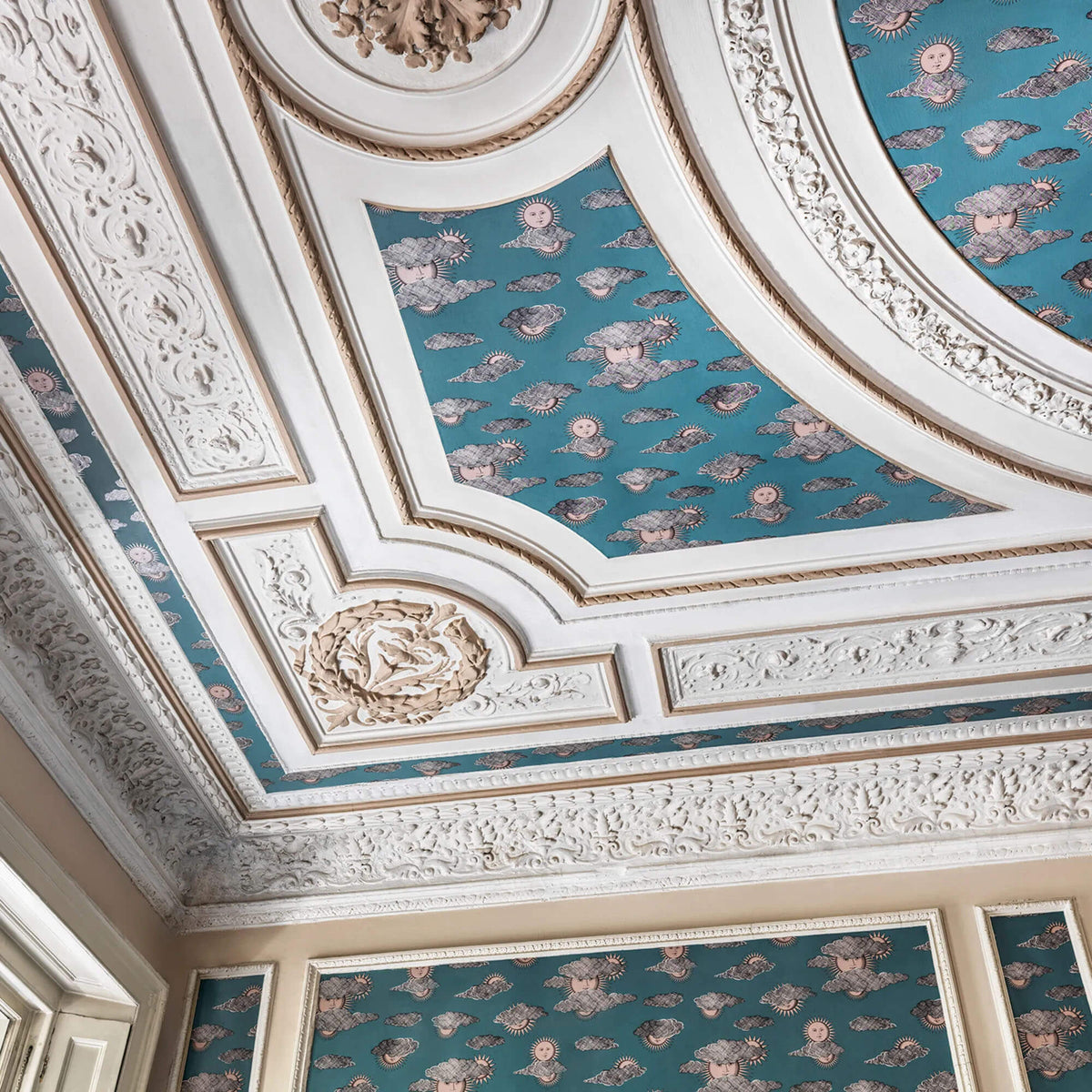 Cole & Son Fornasetti Senza Tempo II Soli E Nuvole Wallpaper Sample - Teal