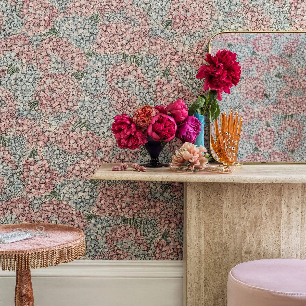 Cole & Son Fornasetti Senza Tempo II Ortensia Wallpaper Sample - Pink & Blue