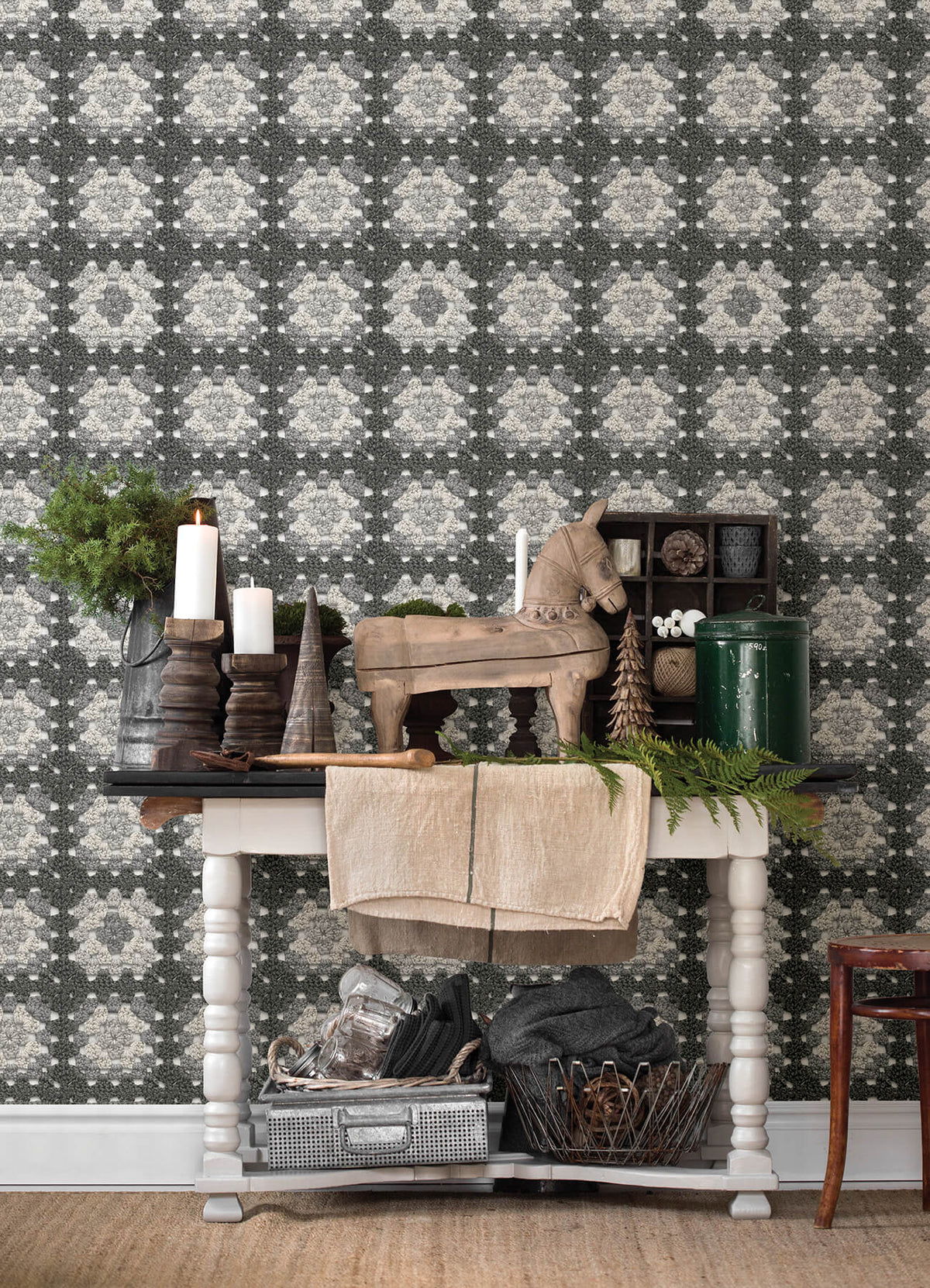 Chesapeake Thoreau Maud Crochet Wallpaper Sample - Grey