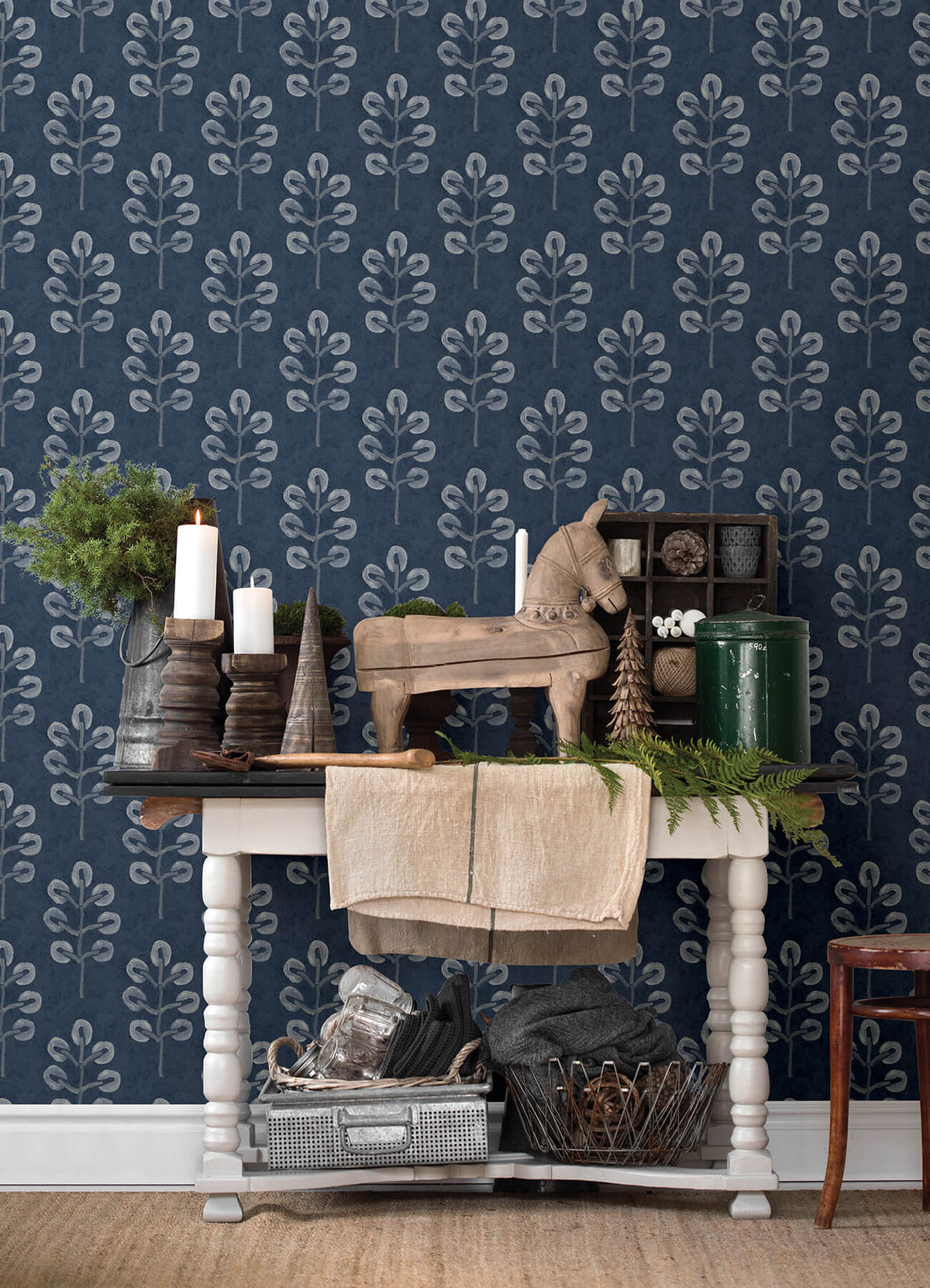 Chesapeake Thoreau Plum Tree Wallpaper Sample - Dark Blue