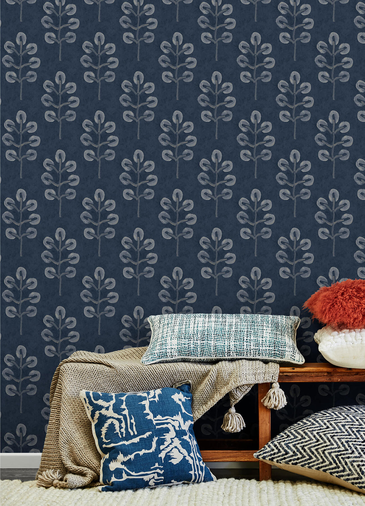 Chesapeake Thoreau Plum Tree Wallpaper Sample - Dark Blue