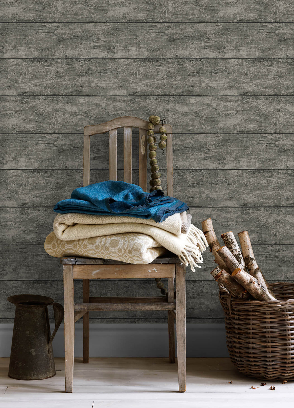 Chesapeake Thoreau Cabin Wood Planks Wallpaper Sample - Charcoal