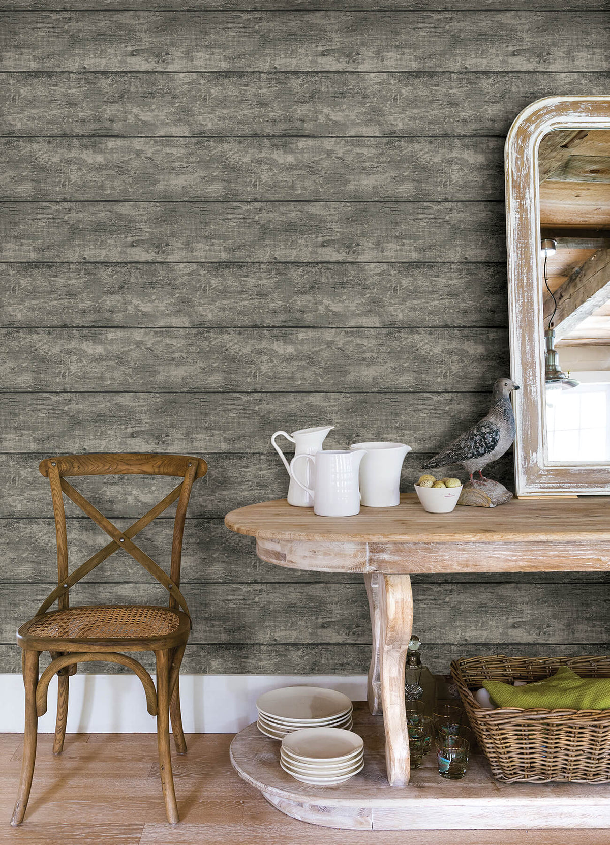 Chesapeake Thoreau Cabin Wood Planks Wallpaper Sample - Charcoal