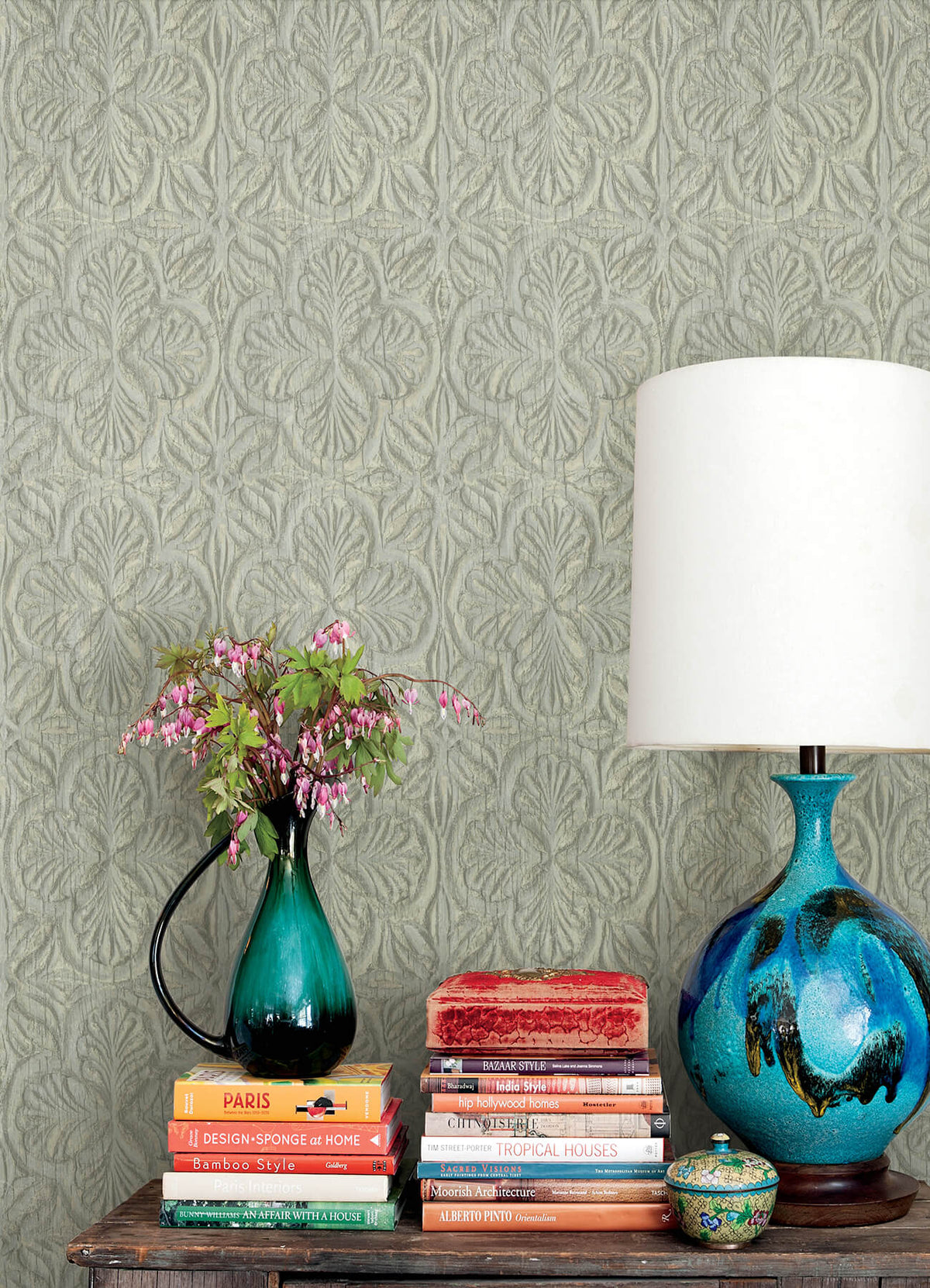 Chesapeake Kinfolk Karachi Wooden Damask Wallpaper Sample - Light Blue