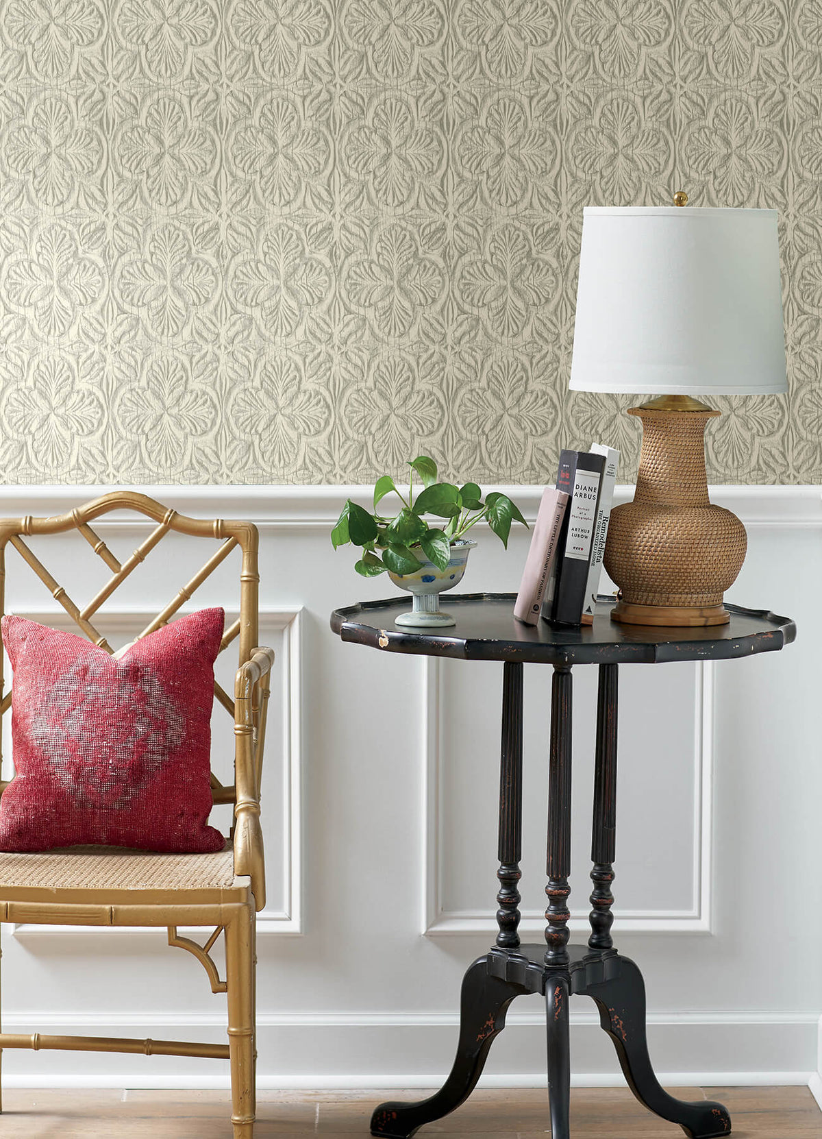 Chesapeake Kinfolk Karachi Wooden Damask Wallpaper Sample - White