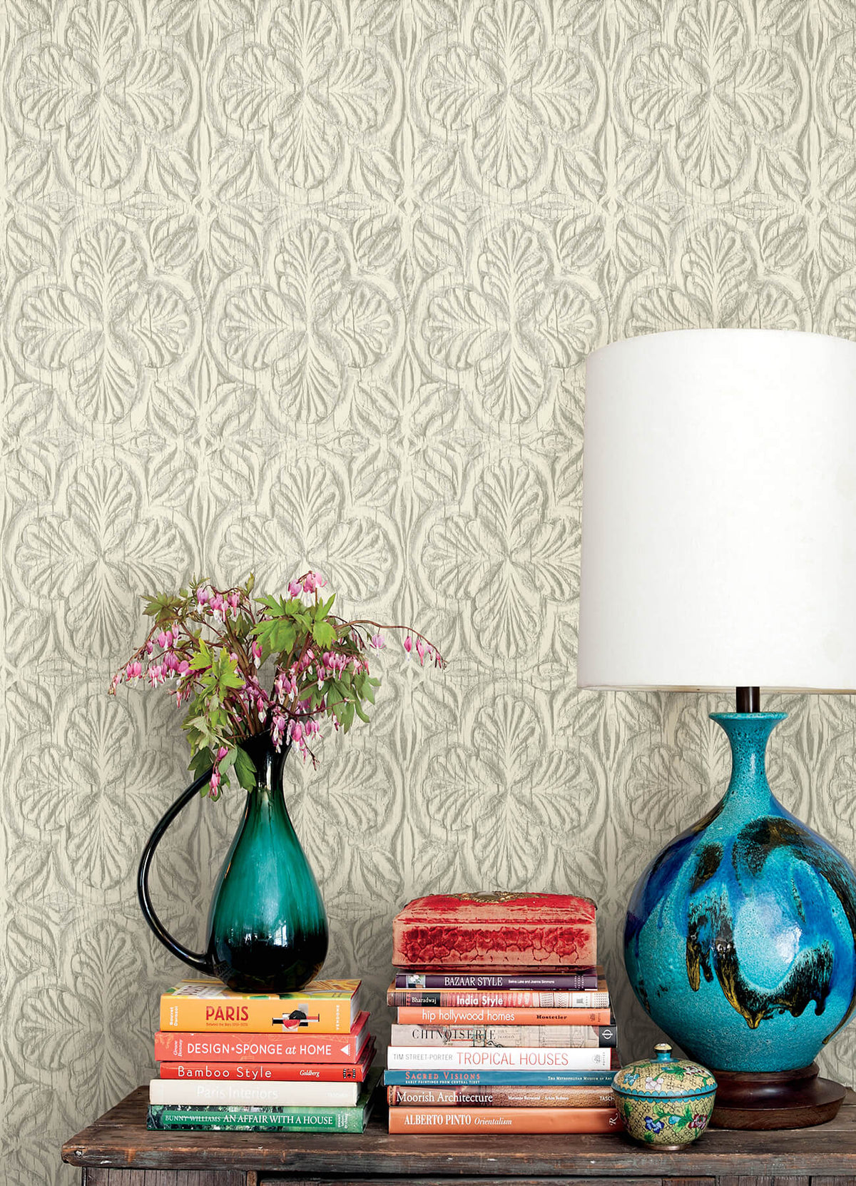 Chesapeake Kinfolk Karachi Wooden Damask Wallpaper Sample - White