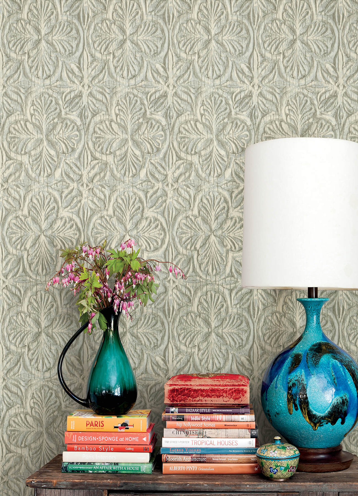 Chesapeake Kinfolk Karachi Wooden Damask Wallpaper - Aqua
