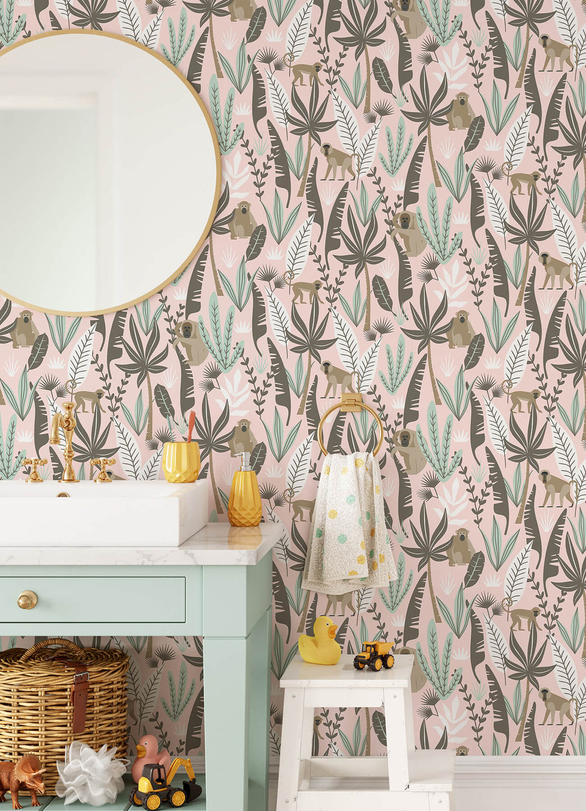 Chesapeake Fable Kiki Monkeys Wallpaper Sample - Pink