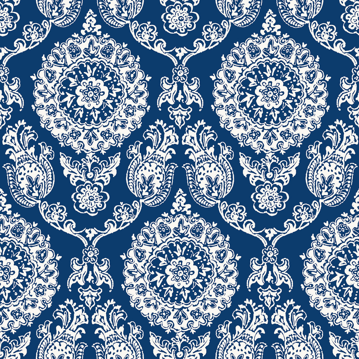 Chesapeake Blue Heron Helm Damask Floral Medallion Wallpaper - Navy