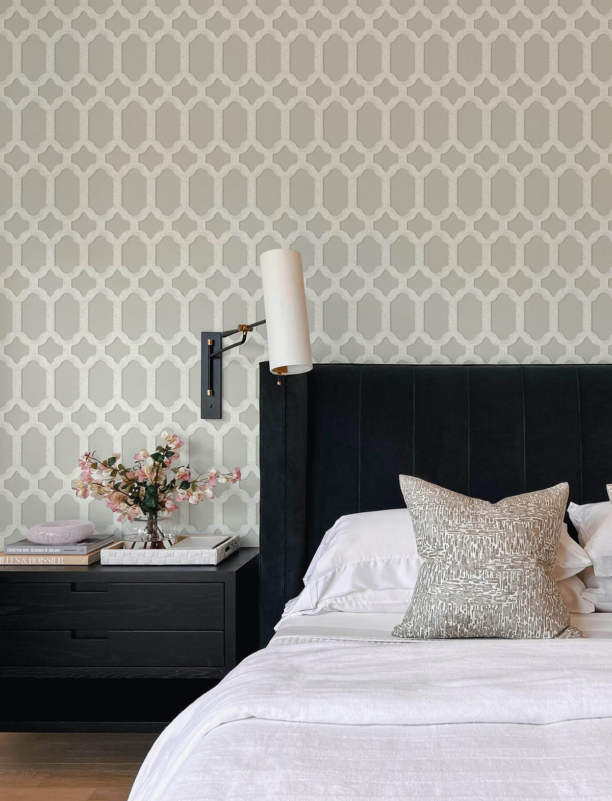 Chesapeake Wildflower Chervil Trellis Wallpaper Sample - Light Grey