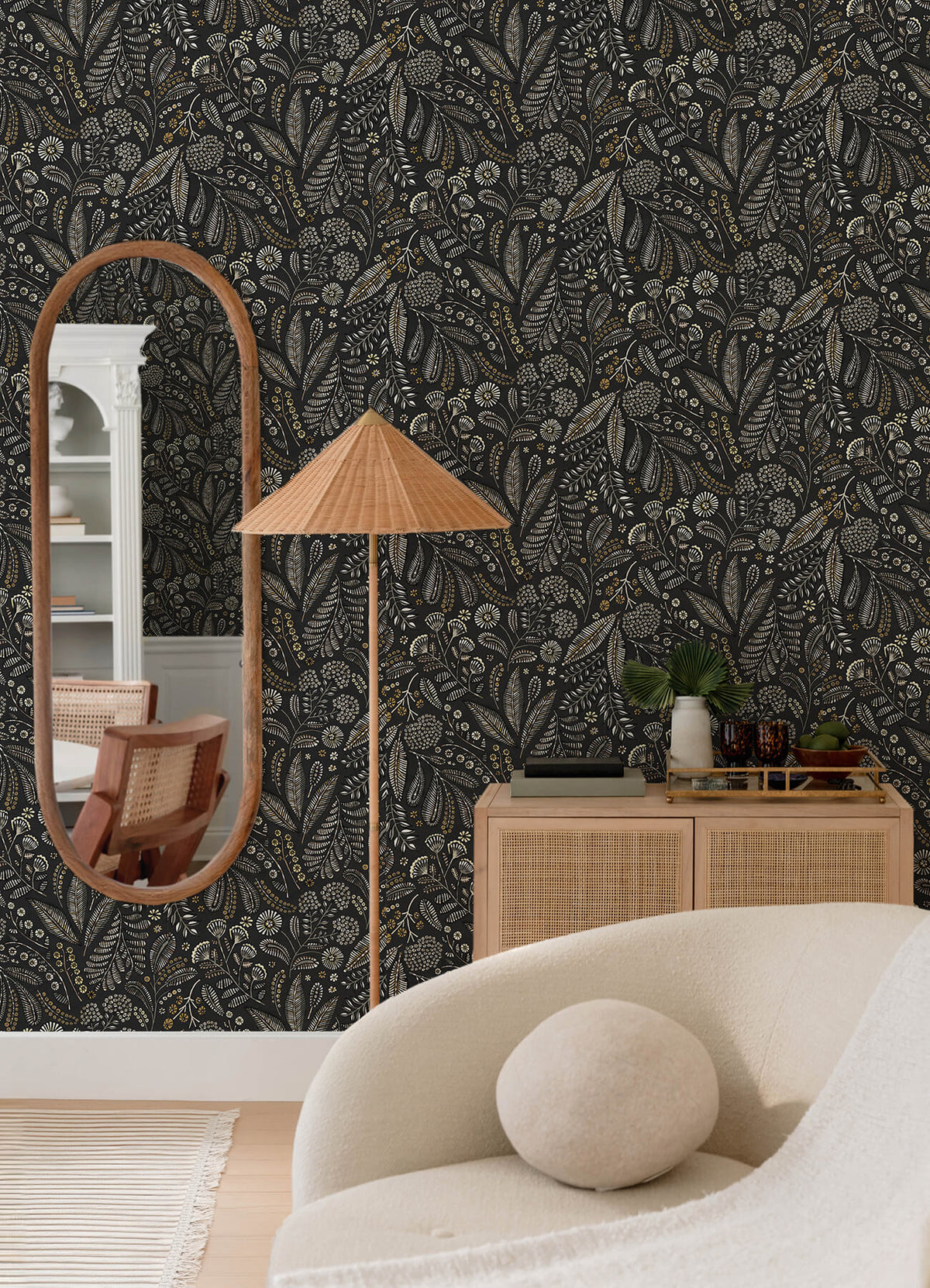 A Street Prints Whimsy Briar Floral Wallpaper Sample - Black