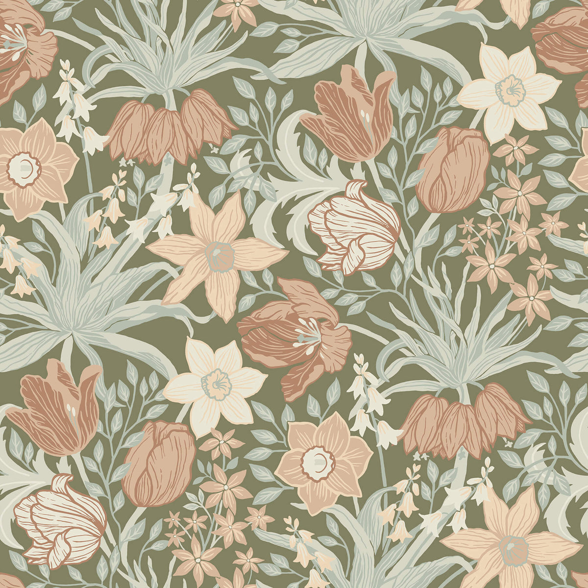 A-Street Prints Botanica Cecilia Tulip & Daffodil Wallpaper - Moss