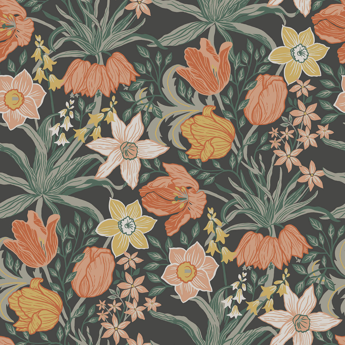 A-Street Prints Botanica Cecilia Tulip & Daffodil Wallpaper - Black