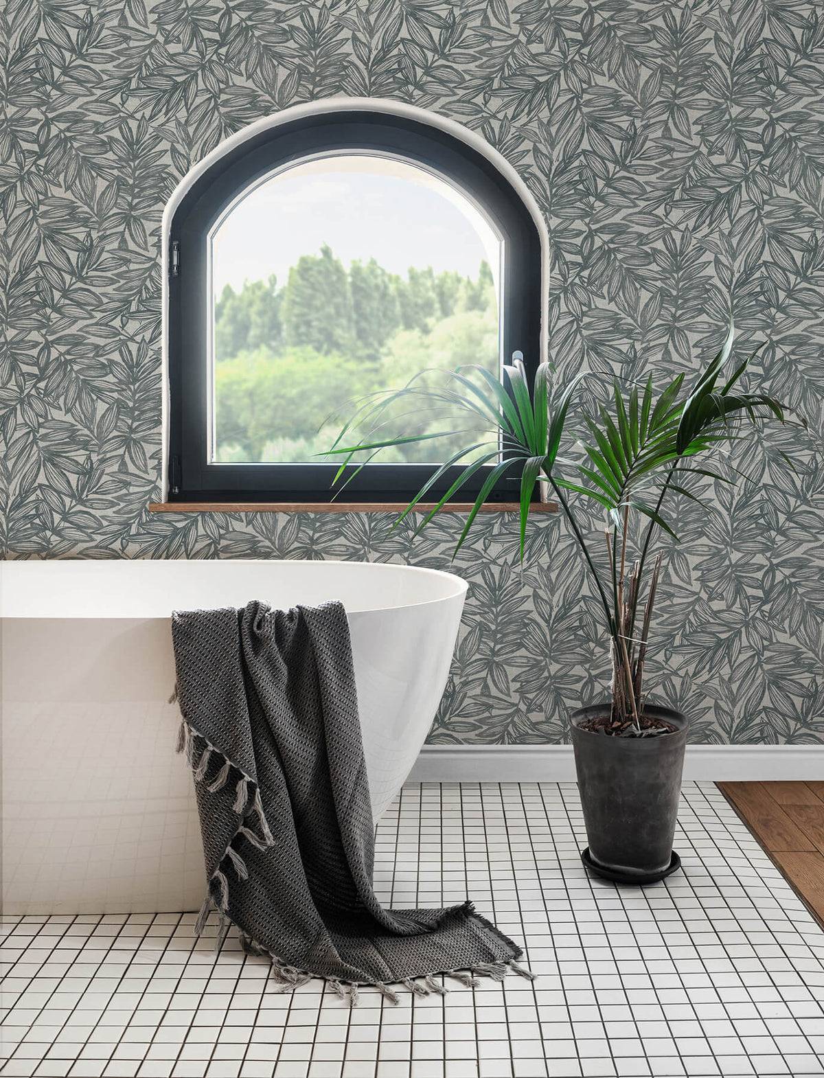 A Street Prints Harmony Rhythmic Leaf Wallpaper Sample - Denim