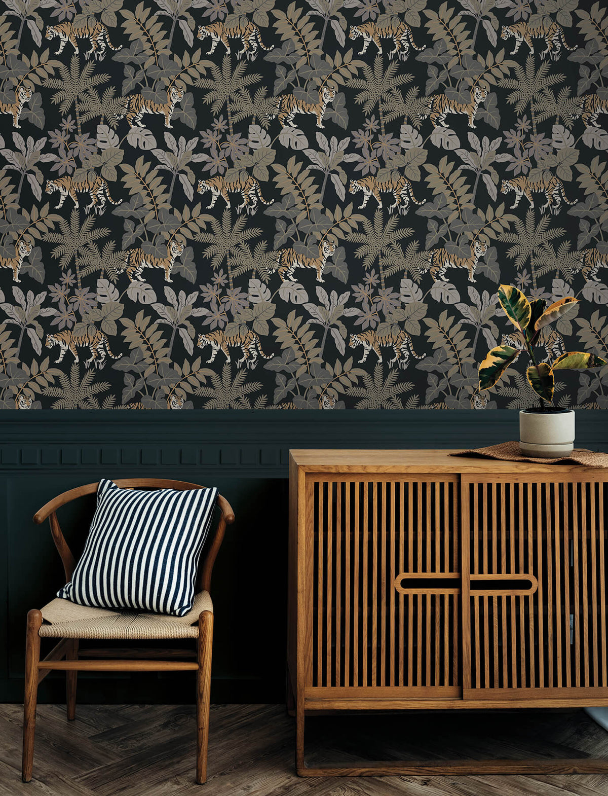 A Street Prints Harmony Caspian Jungle Wallpaper Sample - Charcoal