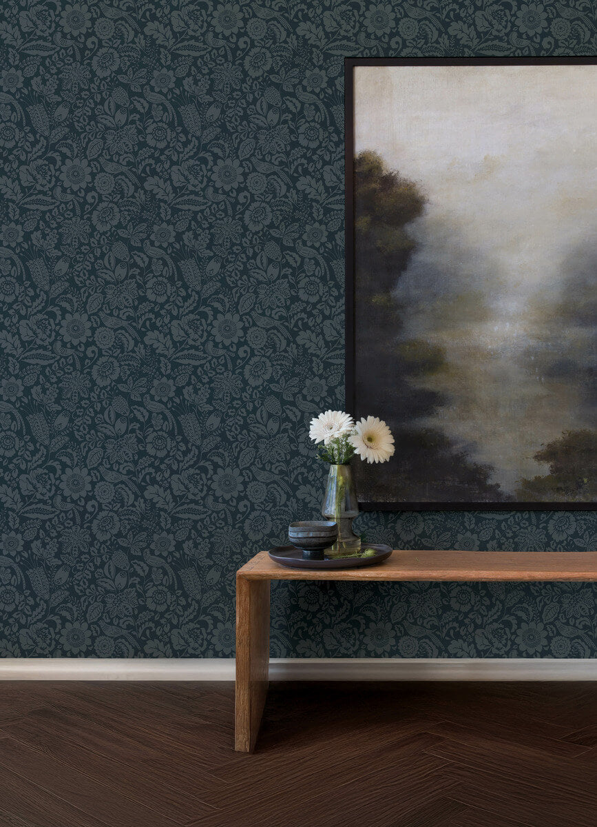 A-Street Prints Haberdashery Marta Floral Wallpaper - Navy