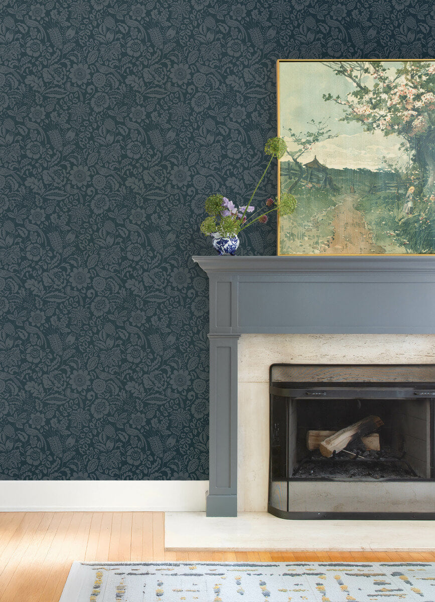 A-Street Prints Haberdashery Marta Floral Wallpaper - Navy