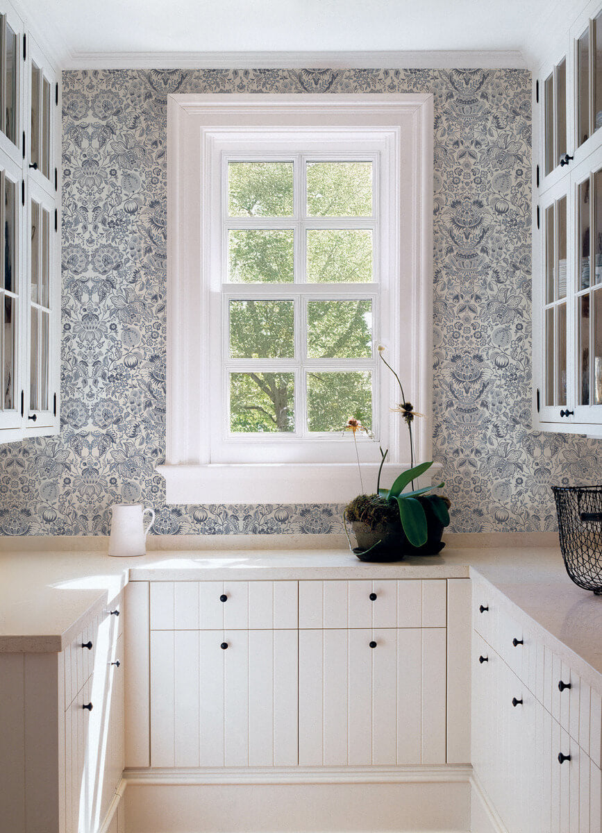A-Street Prints Haberdashery Blanche Floral Damask Wallpaper - Blue