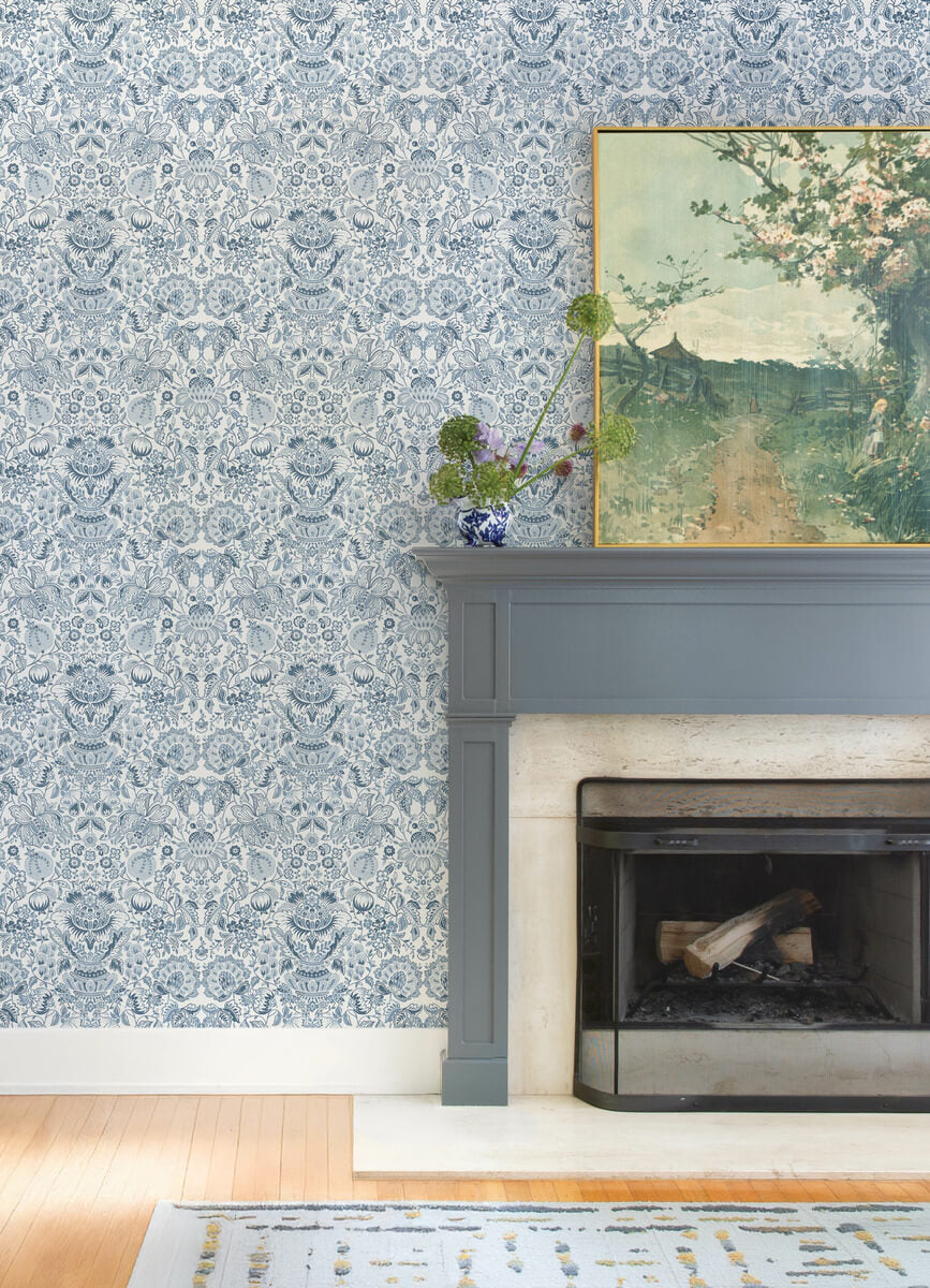 A-Street Prints Haberdashery Blanche Floral Damask Wallpaper - Blue
