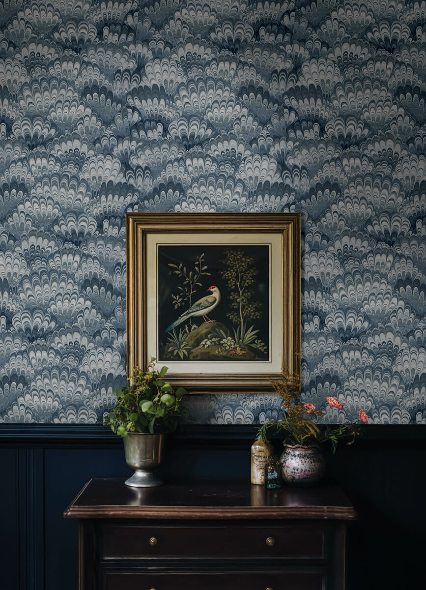 A Street Prints Haberdashery Octavia Marbled Ink Wallpaper Sample - Blue