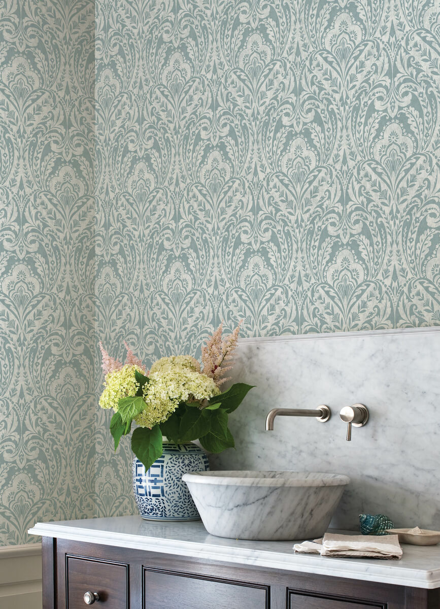 A Street Prints Haberdashery Berkshire Damask Wallpaper Sample - Denim