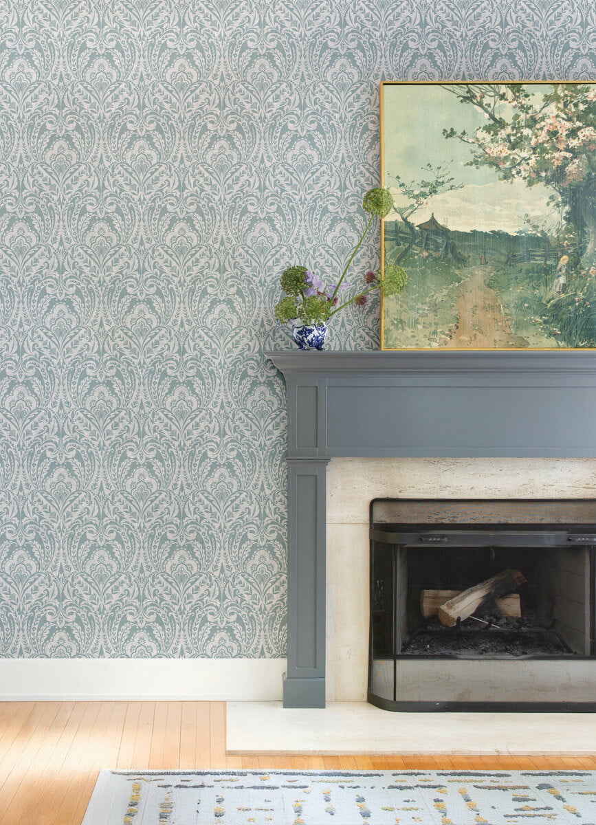 A Street Prints Haberdashery Berkshire Damask Wallpaper Sample - Denim