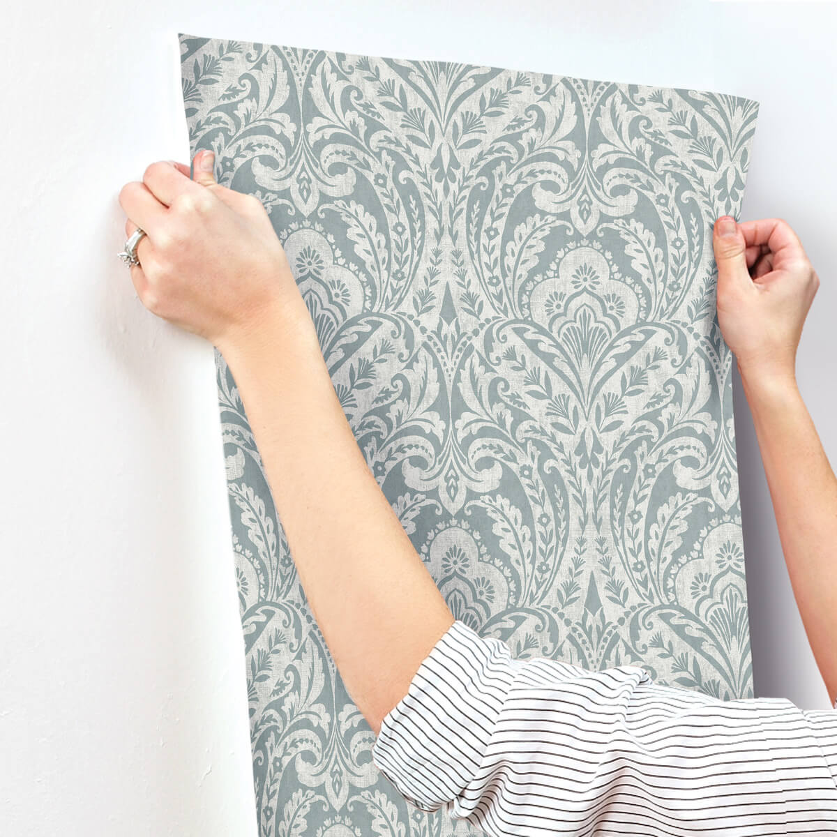 A Street Prints Haberdashery Berkshire Damask Wallpaper Sample - Denim