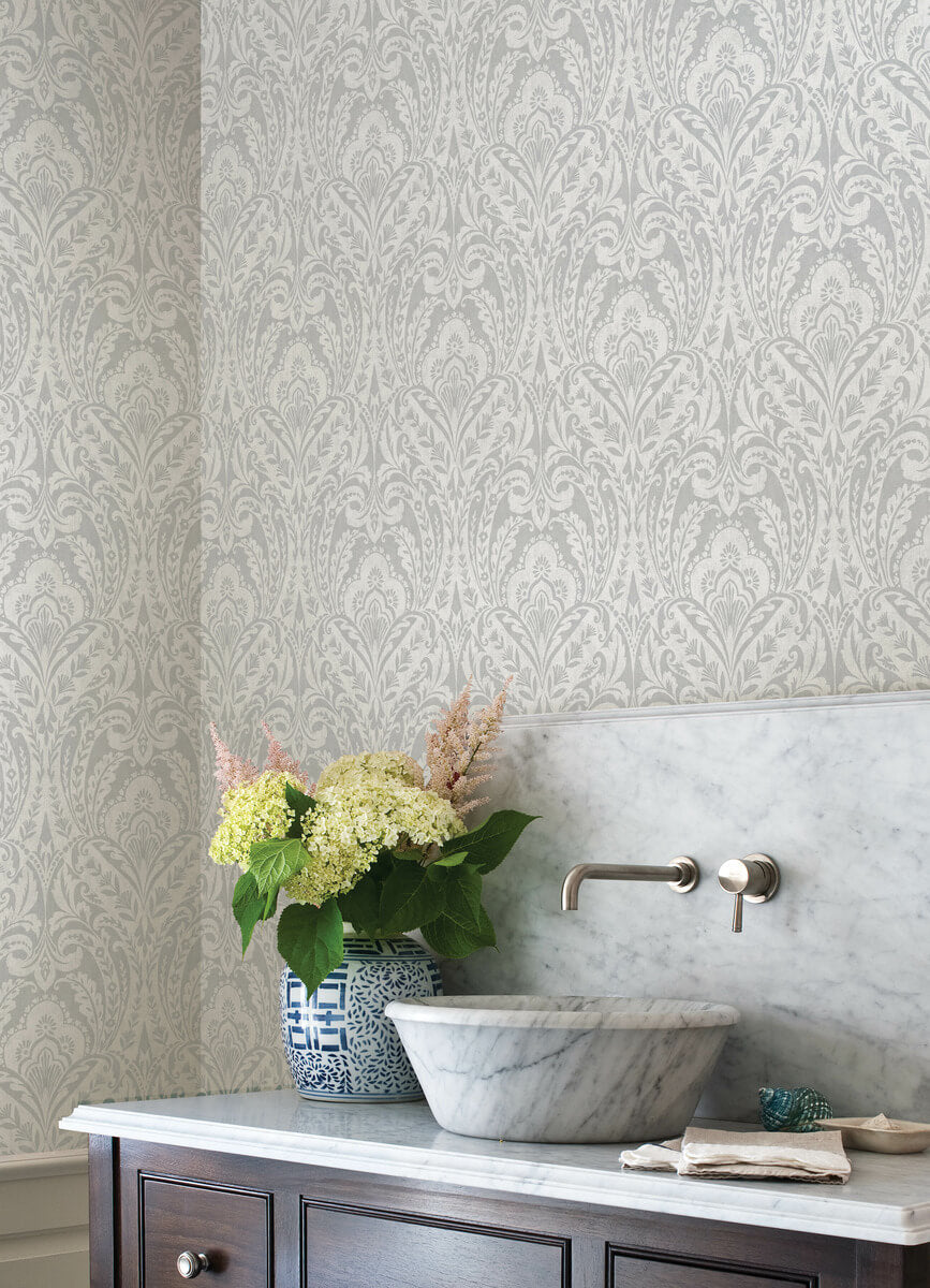 A Street Prints Haberdashery Berkshire Damask Wallpaper Sample - Grey