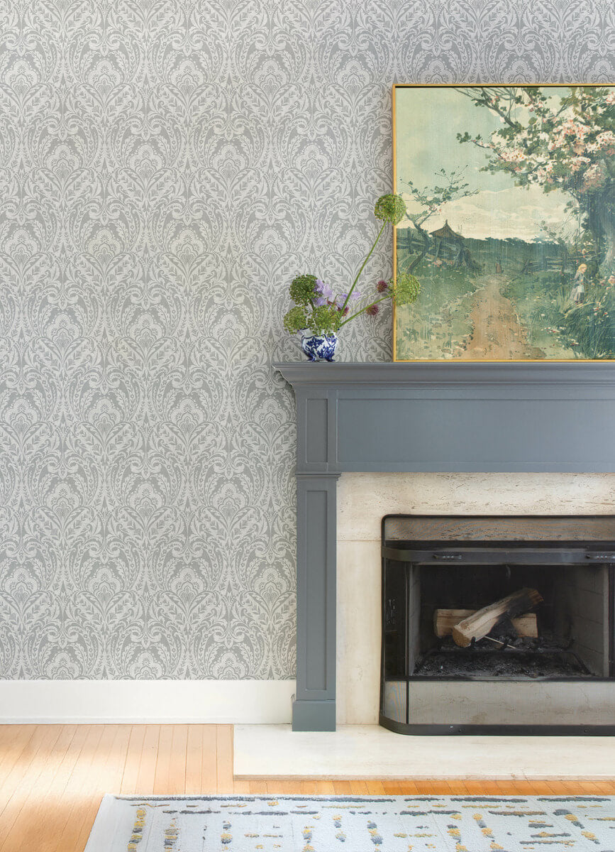 A Street Prints Haberdashery Berkshire Damask Wallpaper Sample - Grey
