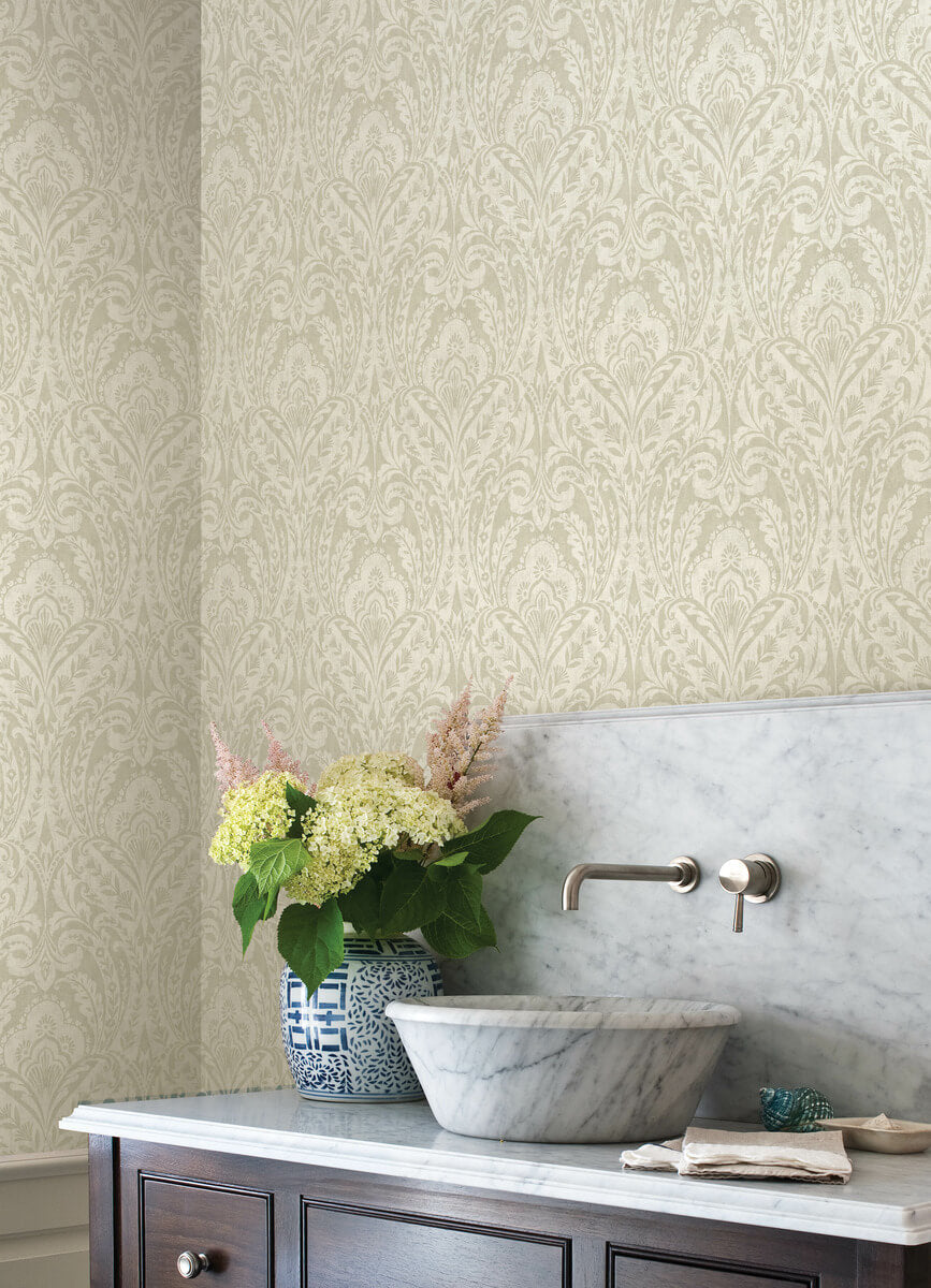 A Street Prints Haberdashery Berkshire Damask Wallpaper Sample - Beige