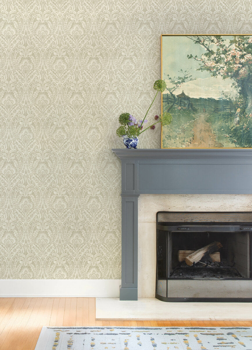 A Street Prints Haberdashery Berkshire Damask Wallpaper Sample - Beige