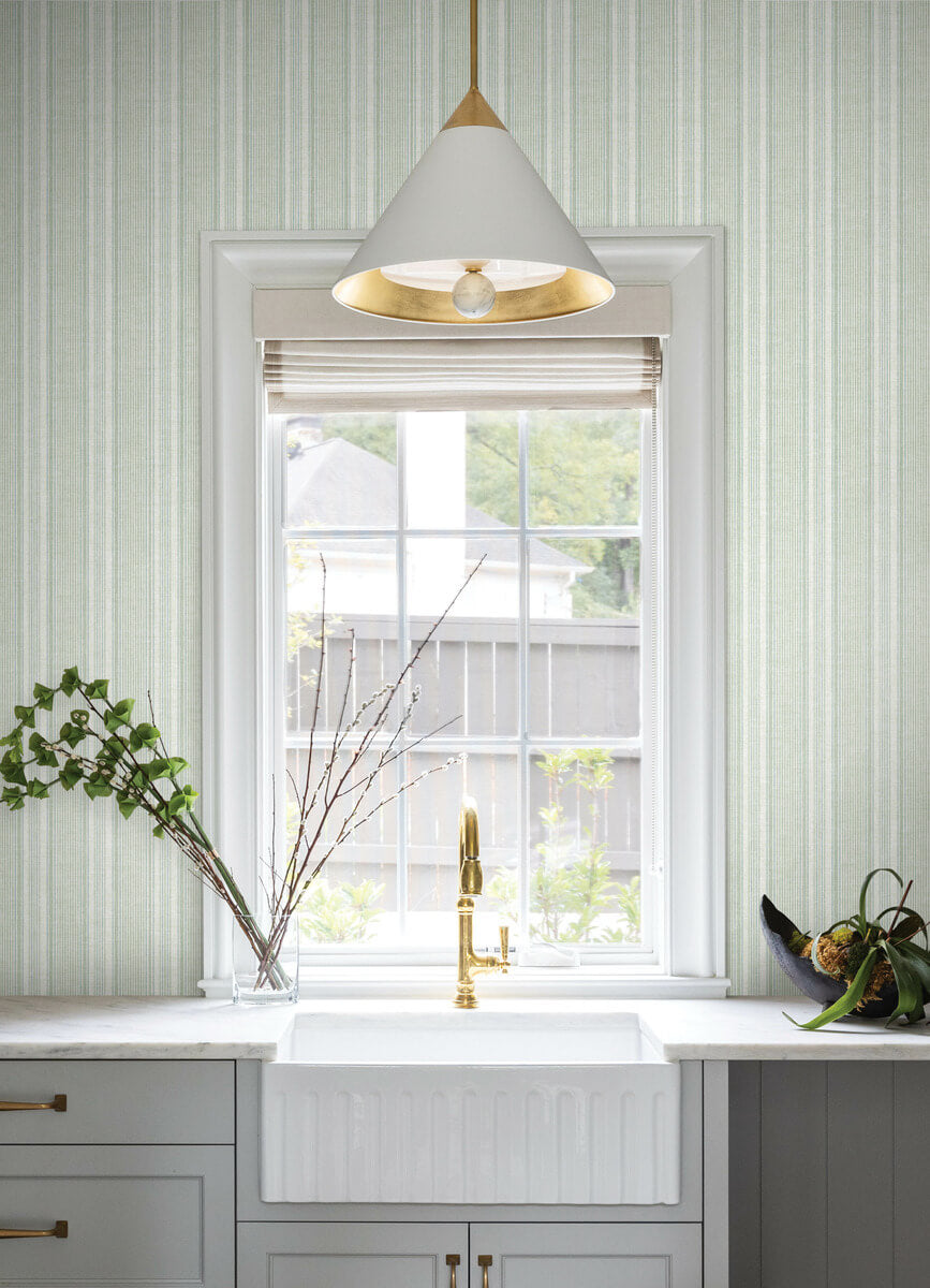A Street Prints Haberdashery Ayanna Striped Wallpaper Sample - Light Green