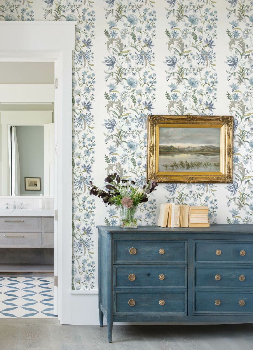 A Street Prints Haberdashery Teonna Floral Wallpaper Sample - Blue