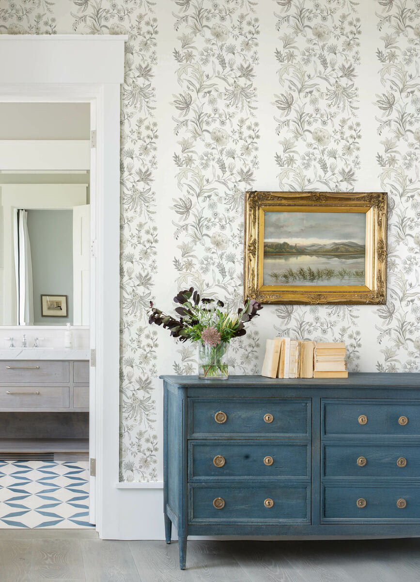 A Street Prints Haberdashery Teonna Floral Wallpaper Sample - Light Grey