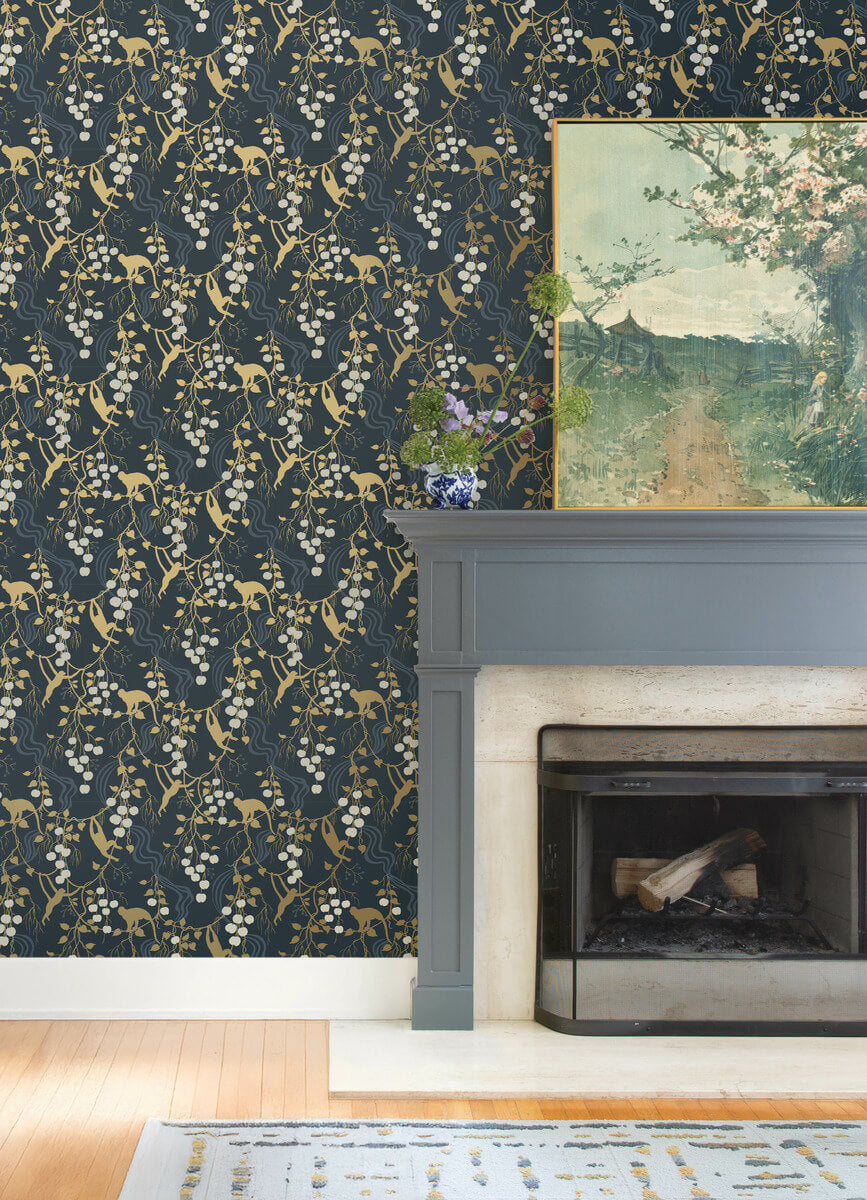 A Street Prints Haberdashery Linden Jungle Wallpaper Sample - Navy