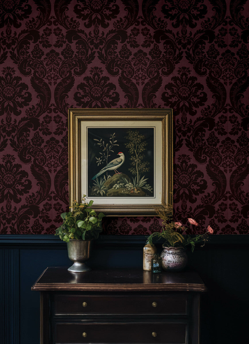 A-Street Prints Haberdashery Flocked Damask Wallpaper - Merlot