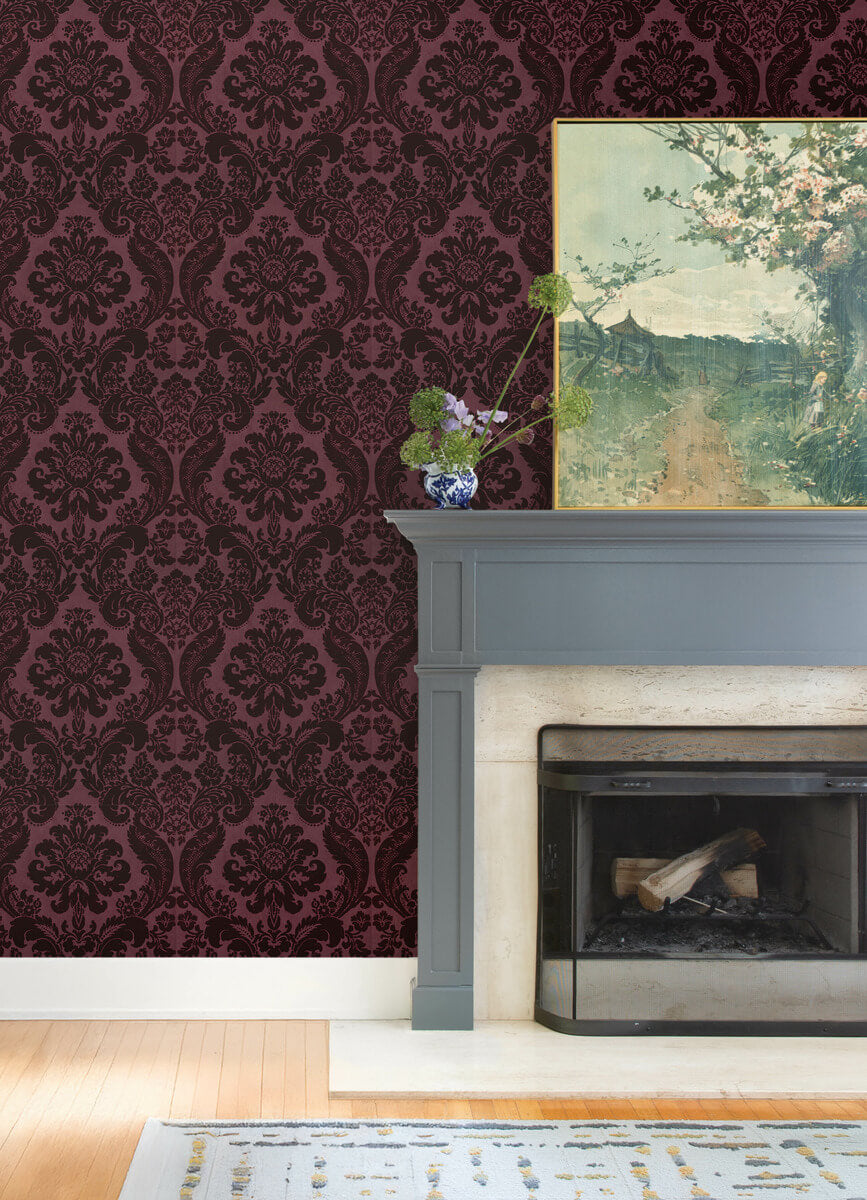 A-Street Prints Haberdashery Flocked Damask Wallpaper - Merlot
