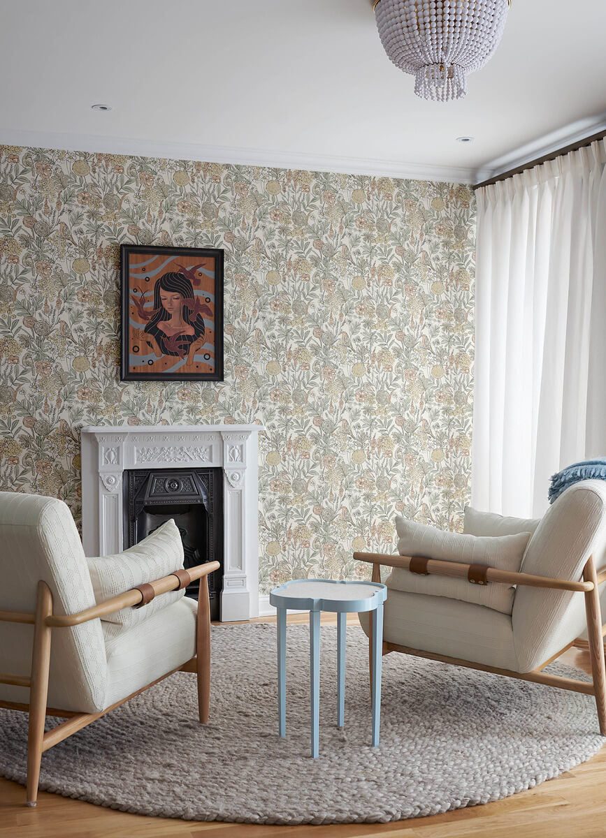 Chesapeake Printworks Goldfinch Birds & Blooms Wallpaper Sample - Peach