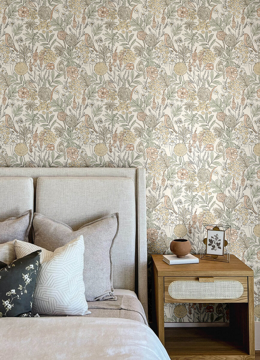 Chesapeake Printworks Goldfinch Birds & Blooms Wallpaper Sample - Peach