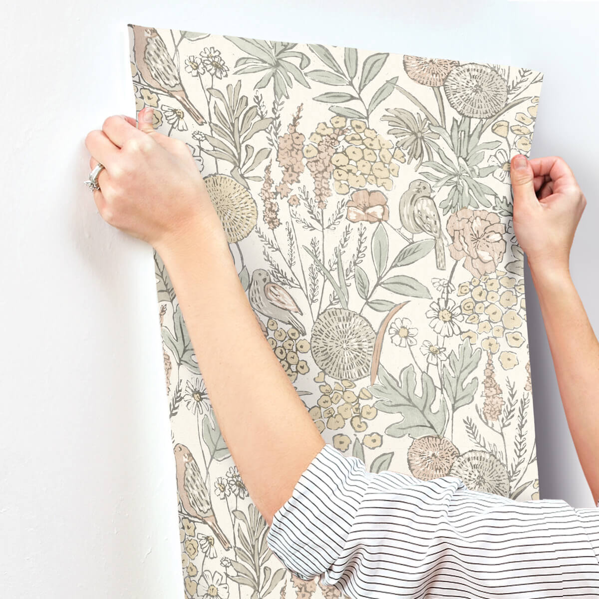 Chesapeake Printworks Goldfinch Birds & Blooms Wallpaper Sample - Peach