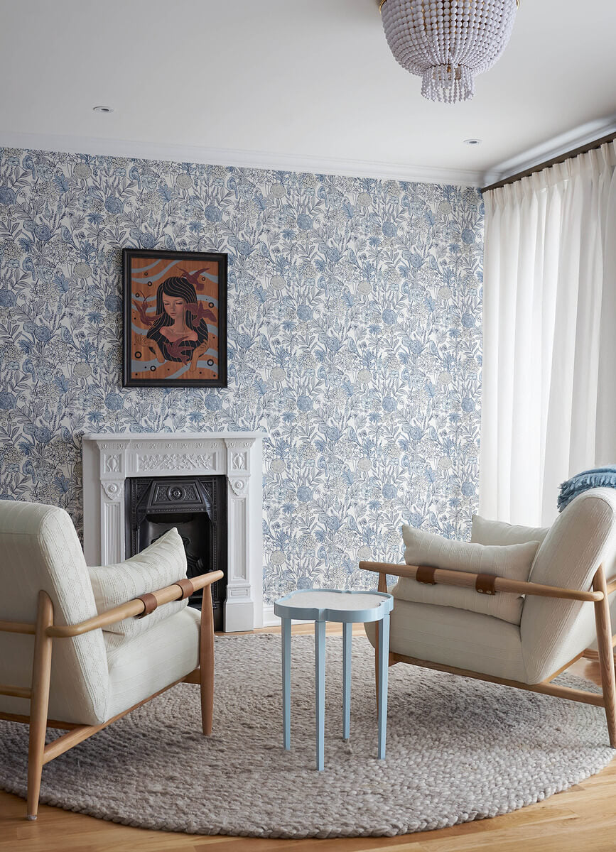 Chesapeake Printworks Goldfinch Birds & Blooms Wallpaper Sample - Blue