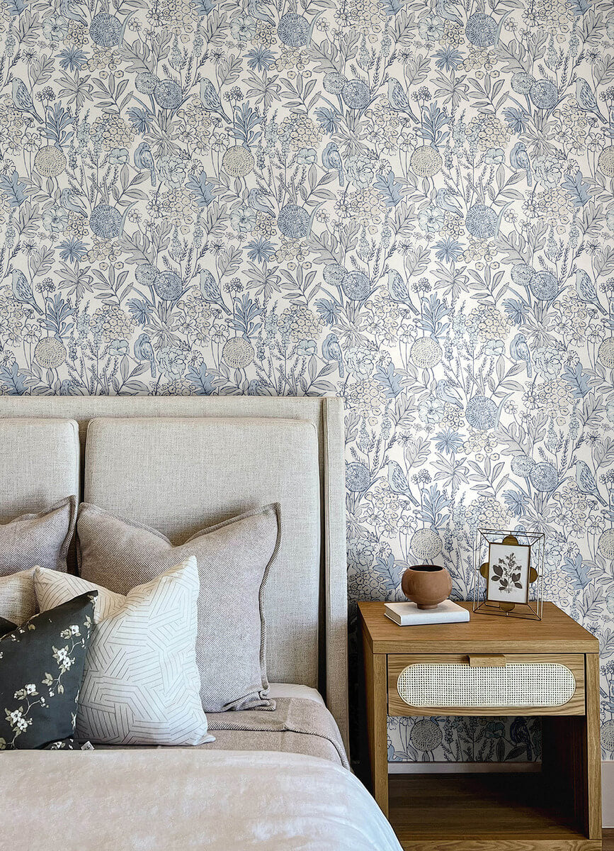 Chesapeake Printworks Goldfinch Birds & Blooms Wallpaper Sample - Blue