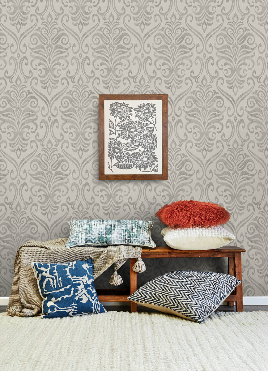 Chesapeake Printworks Adavu Damask Wallpaper Sample - Grey