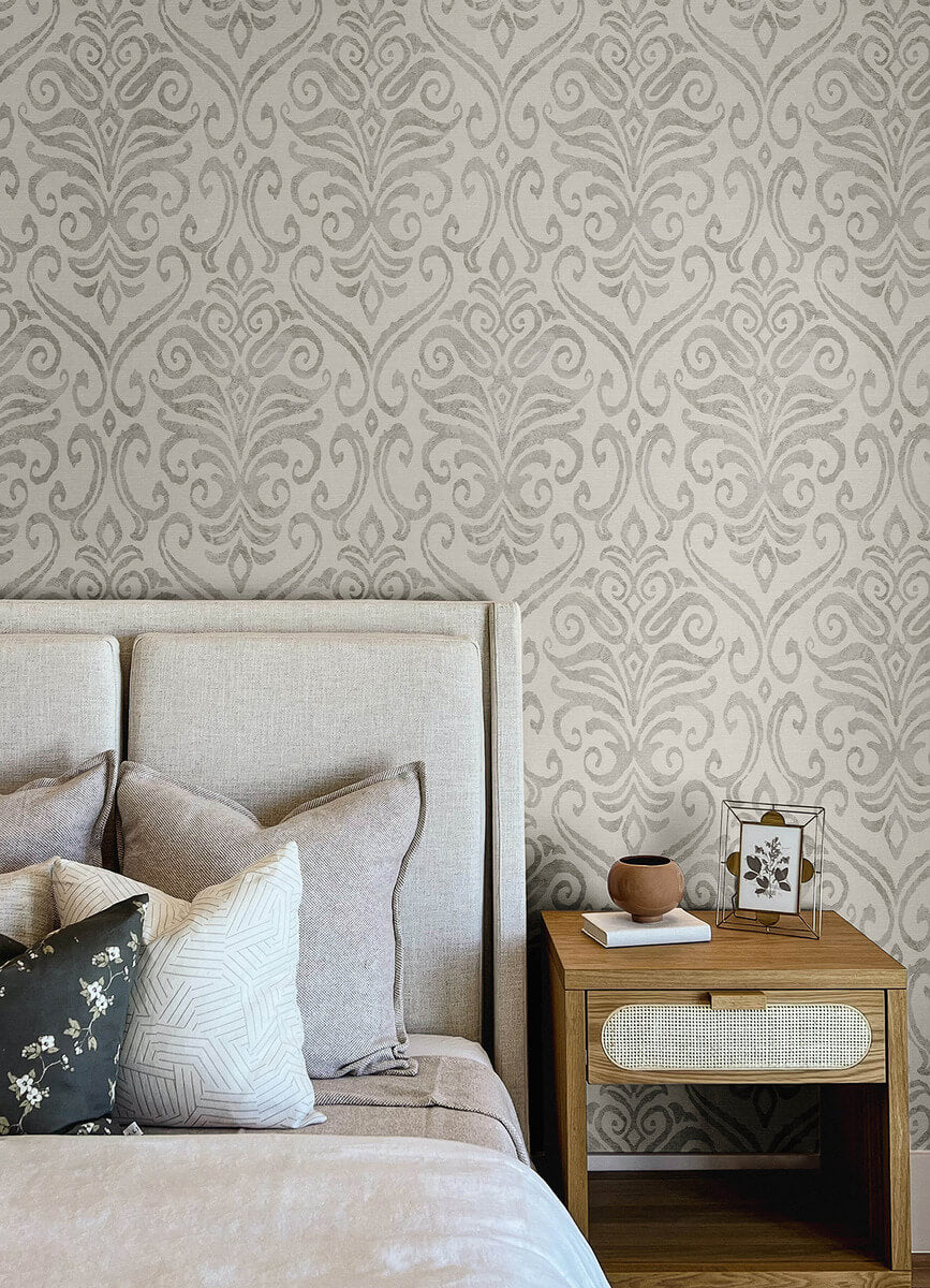 Chesapeake Printworks Adavu Damask Wallpaper Sample - Grey