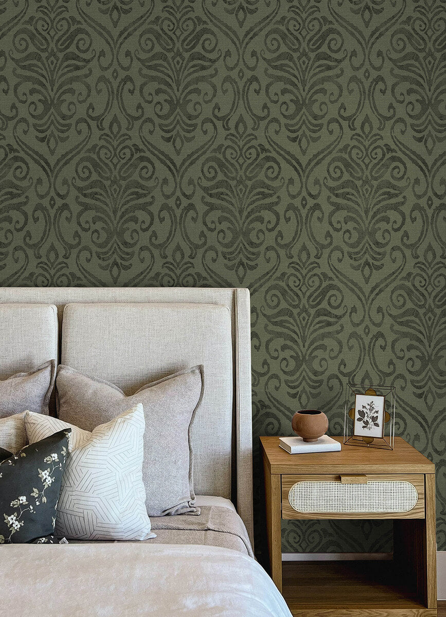 Chesapeake Printworks Adavu Damask Wallpaper Sample - Dark Green