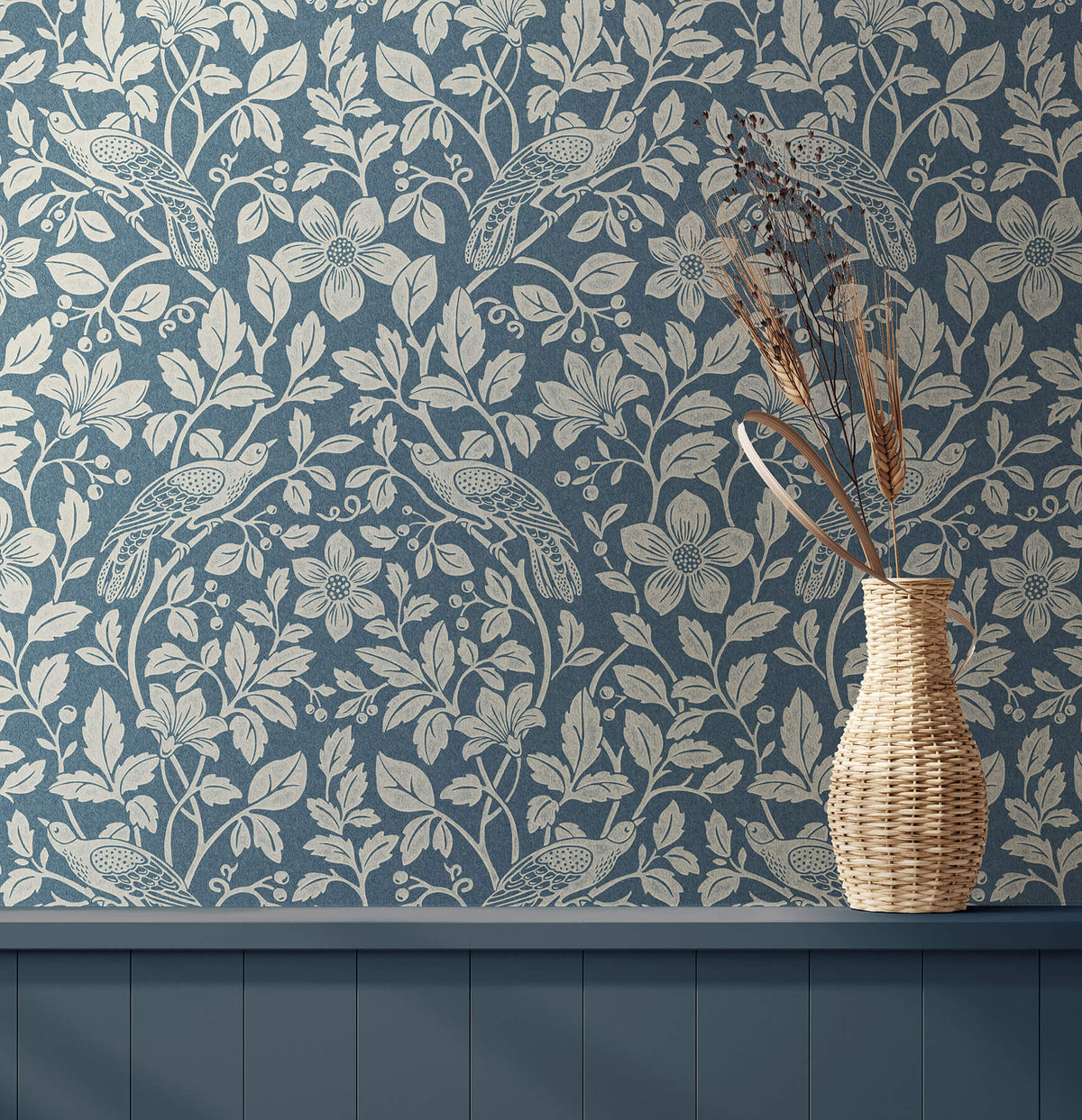 Advantage Westbury Forest Marlow Bird Vine Wallpaper Sample - Dark Blue