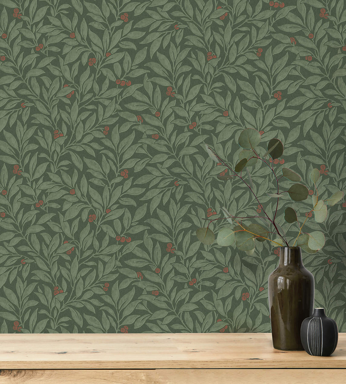 Advantage Westbury Forest Winter Berry Vine Wallpaper - Evergreen