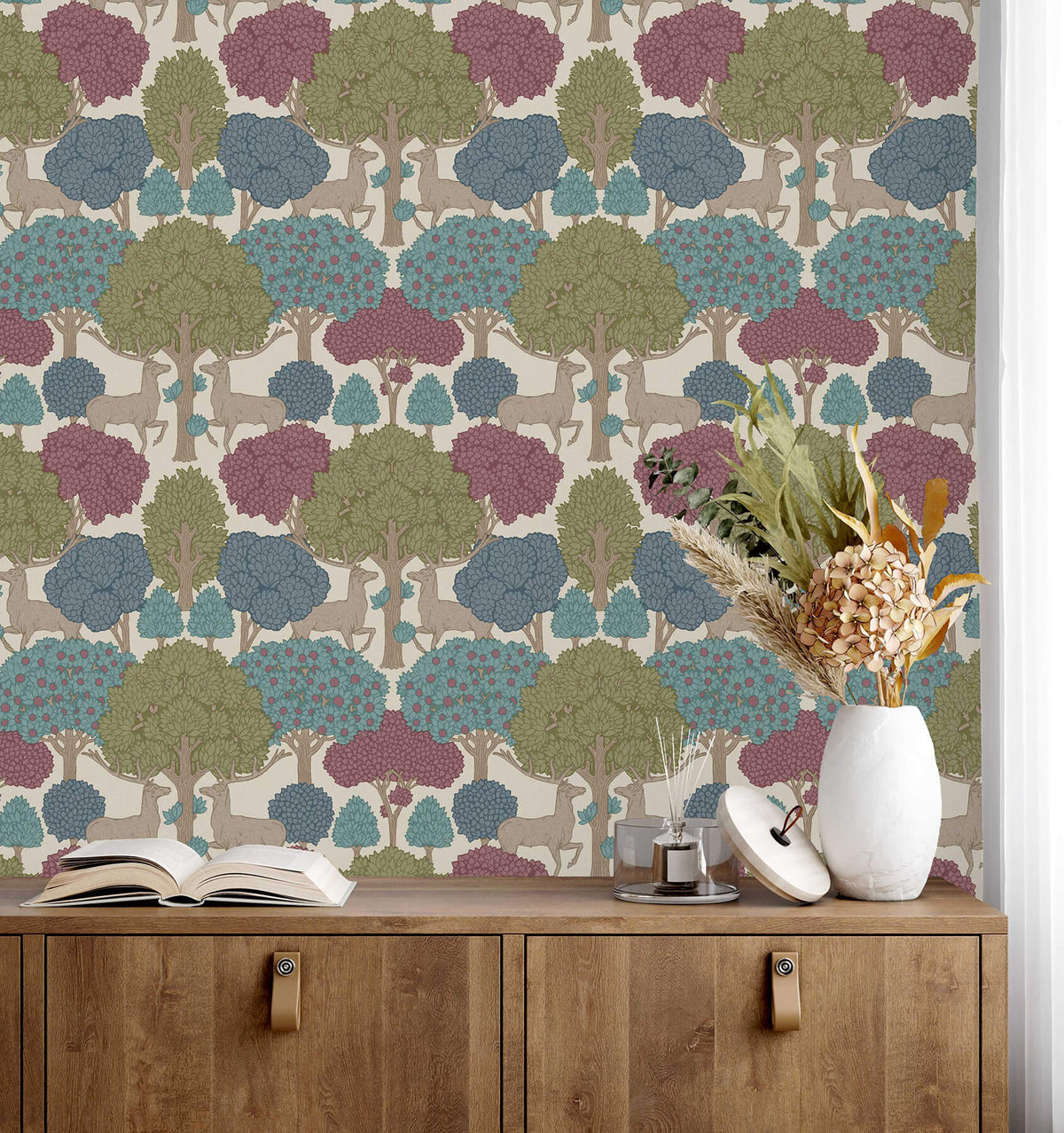 Advantage Westbury Forest Forest of Arden Deer Wallpaper Sample - Merlot