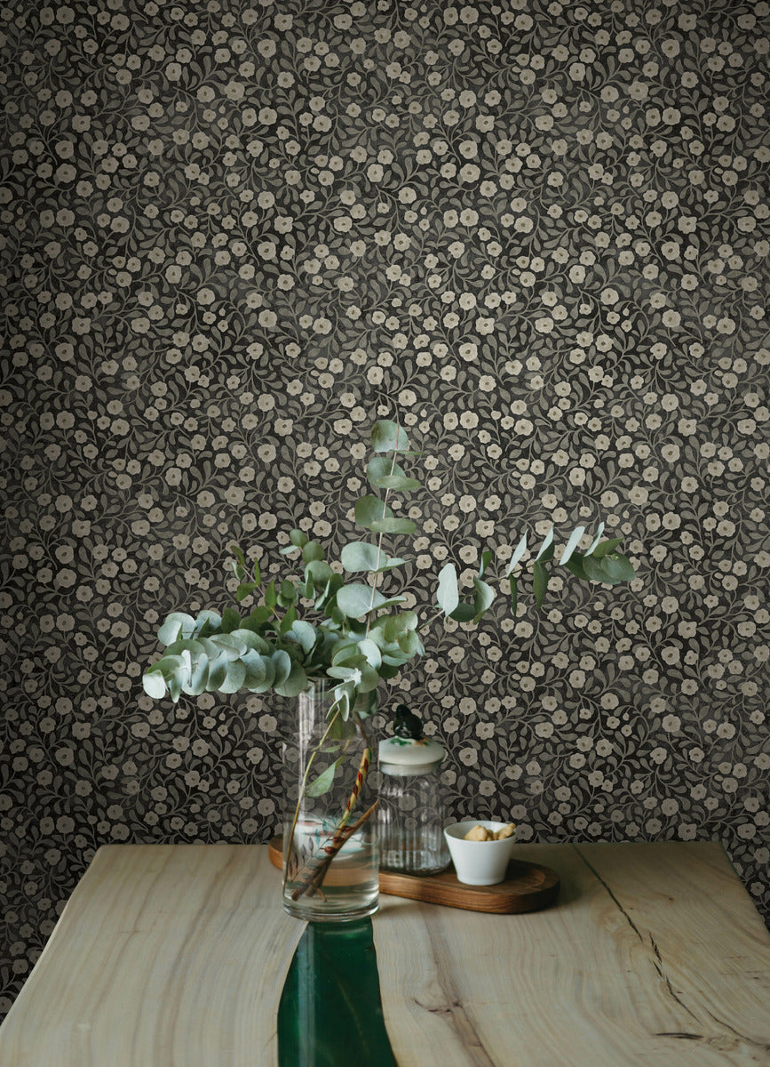 Chesapeake Oak & Moss Poppy Trail Wallpaper Sample - Black
