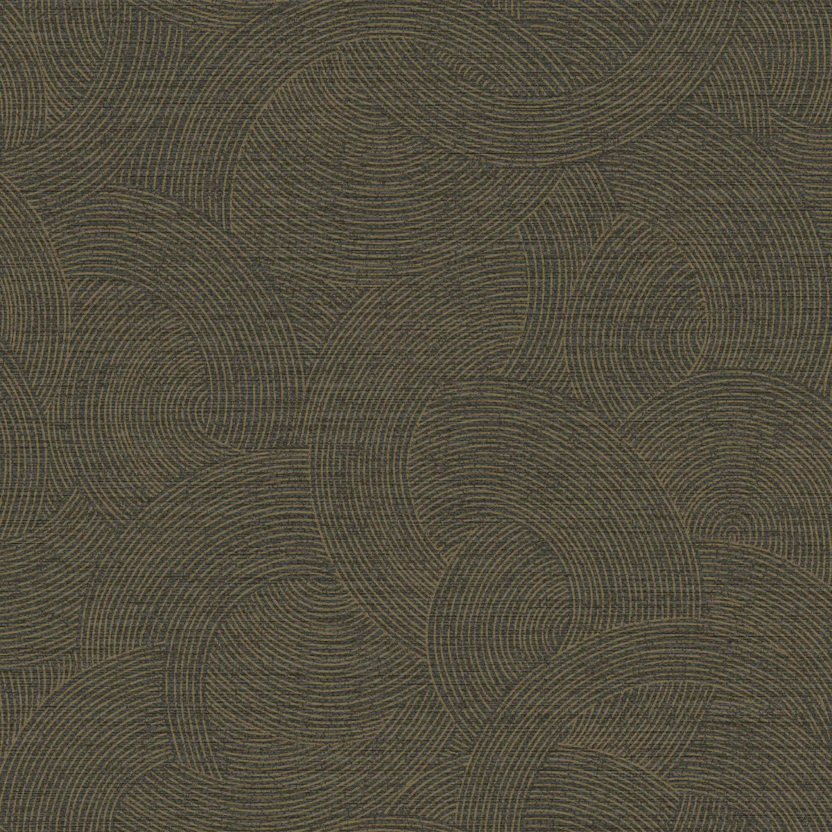 A close-up of a textured fabric or wallpaper pattern featuring interlocking organic wave-like circular motifs in dark olive green and brown tones.
